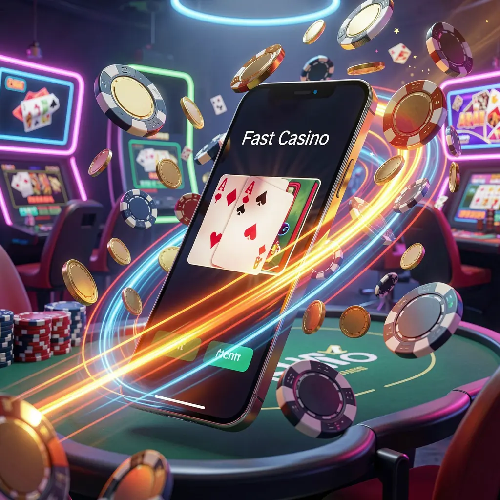 LAXMI8 fast casino app access visual showing a smartphone with speed light trails, coins and chips flying around against a modern neon casino background in a dynamic 3D render