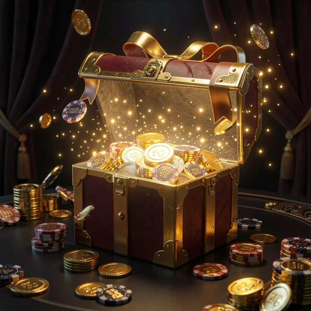 LAXMI8 no deposit casino bonus concept featuring a glowing gift box filled with free casino chips and golden coins against a luxury dark background with magical sparkle effects