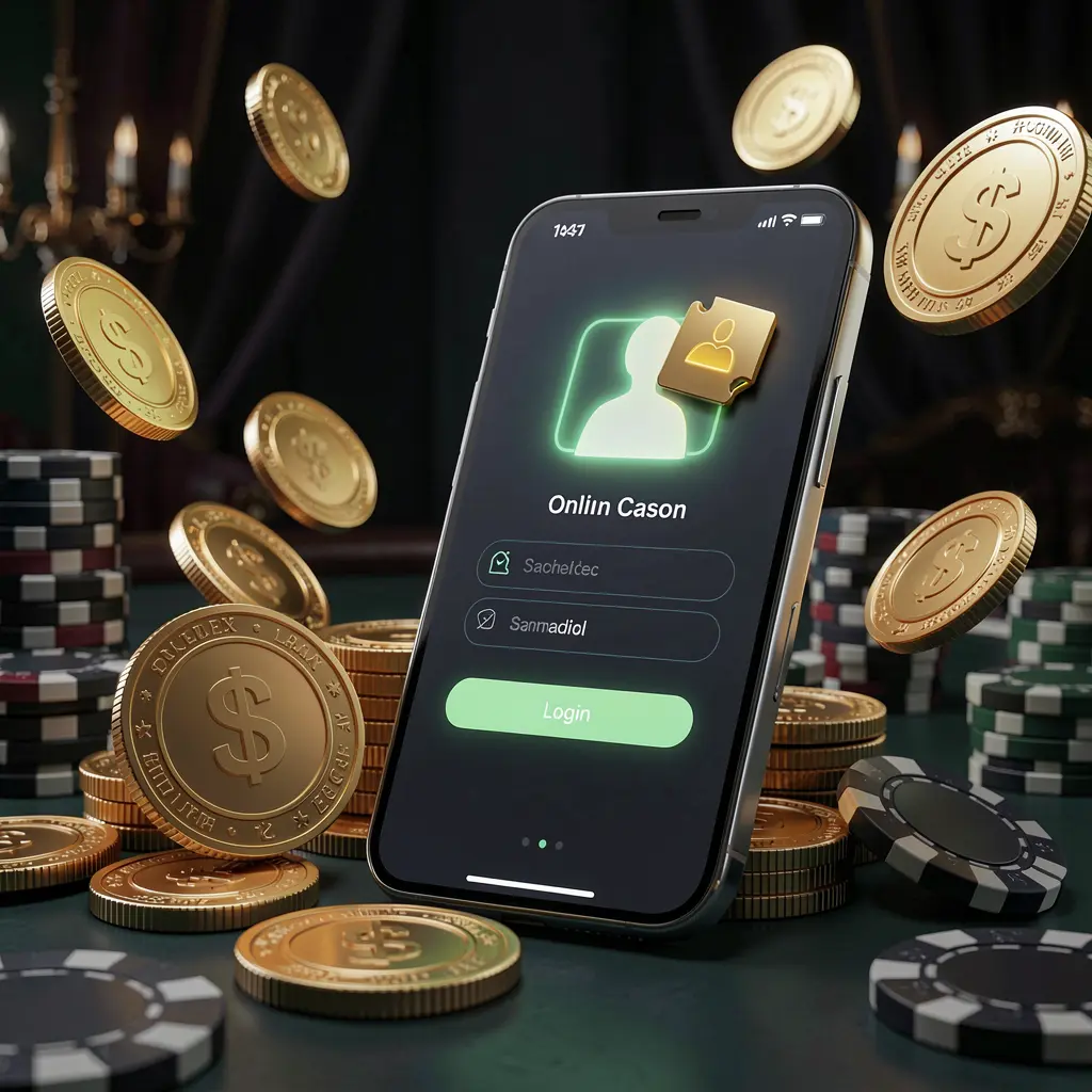 LAXMI8 online casino login page hero banner featuring a modern smartphone with a secure login screen, glowing user profile icon, golden coins and poker chips around it on a dark luxury background