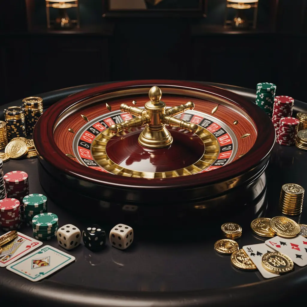 LAXMI8 premium casino homepage scene featuring a roulette wheel spinning on a glossy table surrounded by poker chips, dice, cards, and golden coins against an elegant dark background with cinematic lighting